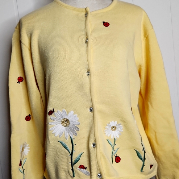Butter Yellow Button Down Knit Cardigan W/ Butterflies Ladybugs. Cottagecore - Picture 5 of 13